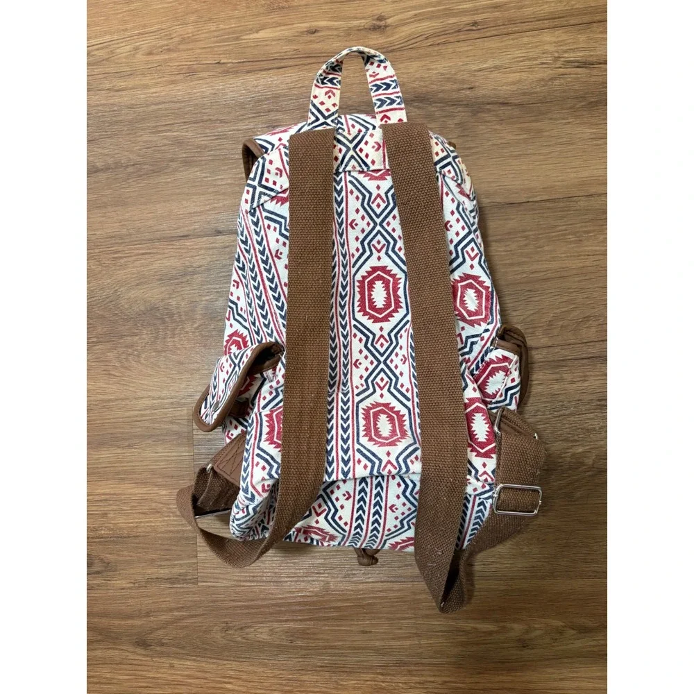 Southwestern Tribal Geometric Canvas Backpack Red Navy White Aztec Print Bag